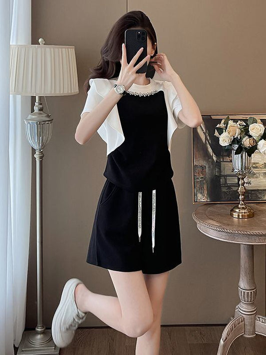 新商品 ホットダイヤモンド 絶対欲しい 切り替え 半袖 Tシャツ ショートパンツ セットアップ<S-8864>
