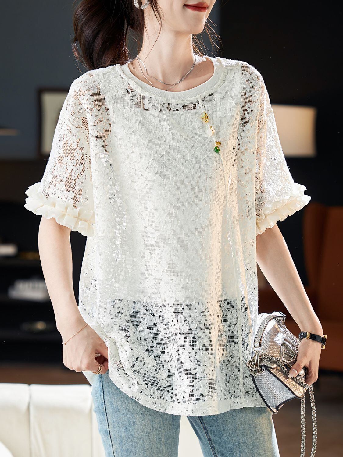 好感度UP カジュアル 今季マストバイ ファッション 透かし彫り Tシャツ<S-8396>