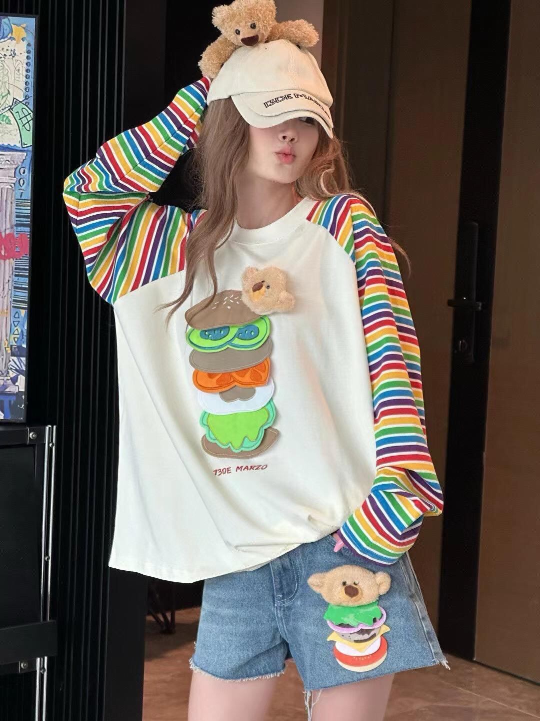 都市ファッショ デザイン オシャレ 大人可愛い 着心地良い プリント ストライプ柄 半袖Tシャツ<S-9332>