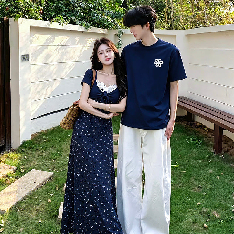 単品注文可 カップルコーデ レディース 総柄 ワンピース＆メンズ 無地 半袖 Tシャツ S-80012