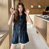 大人可愛い レース飾り デニム トップス & ショーツ セットアップ MO-80113