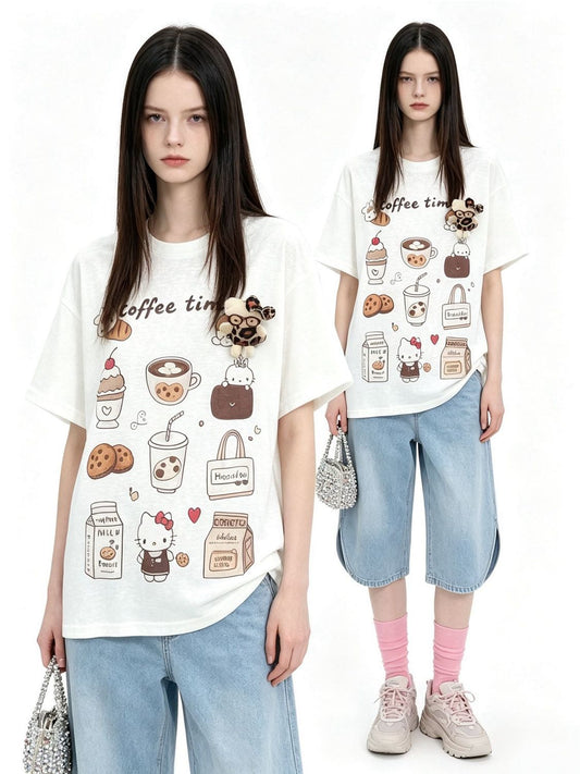 体型カバー ゆったり カジュアル プリント Tシャツ S-13288