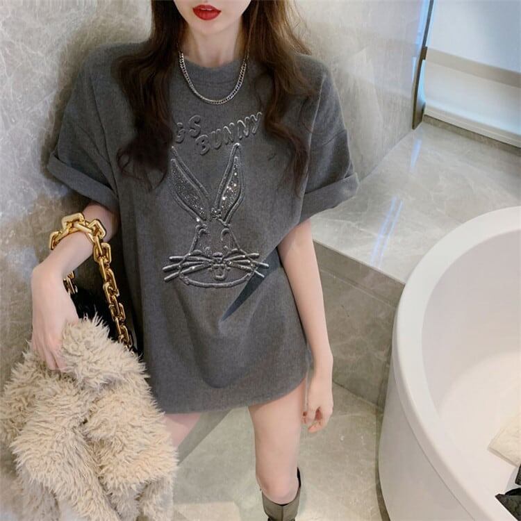 美人度アップ ウサギ ビジュー ロング Tシャツ 三色 ゆったり半袖＜S-2945＞