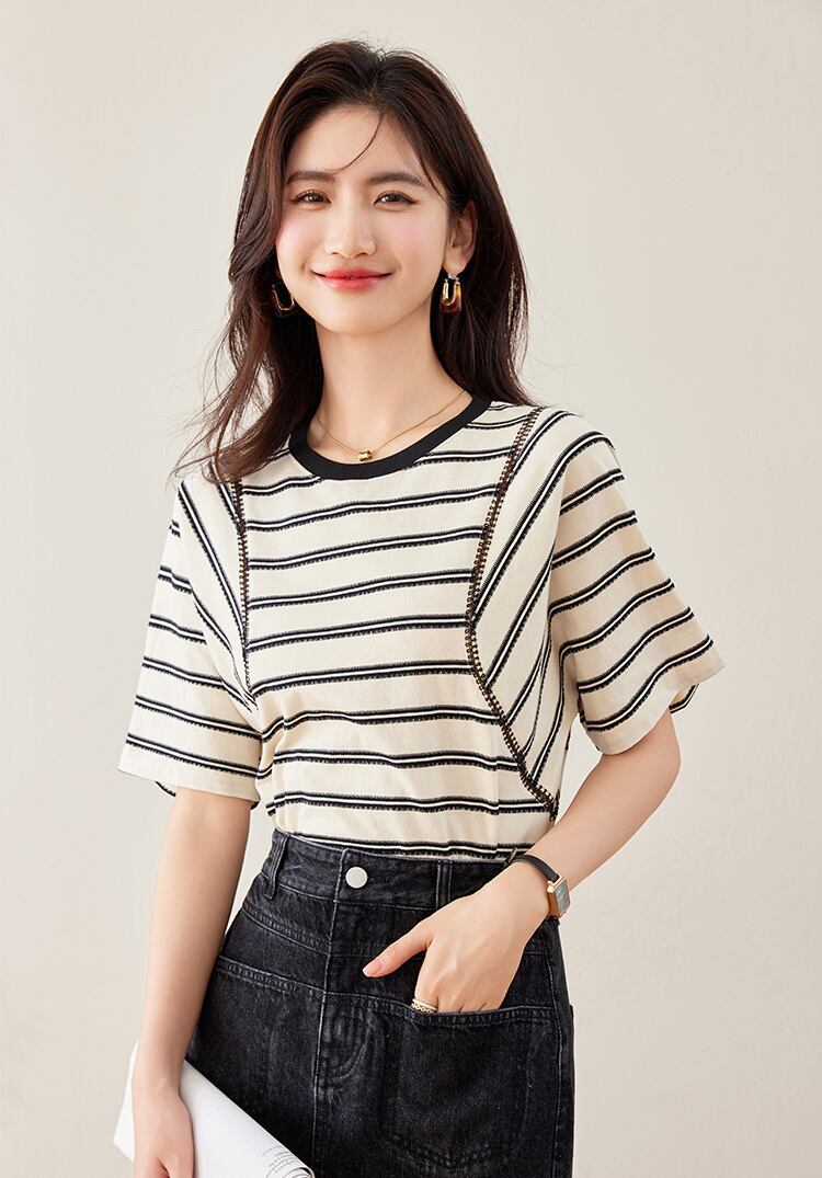 好感度UP ファッション カジュアル エレガント ストライプ柄 Tシャツ<S-8327>