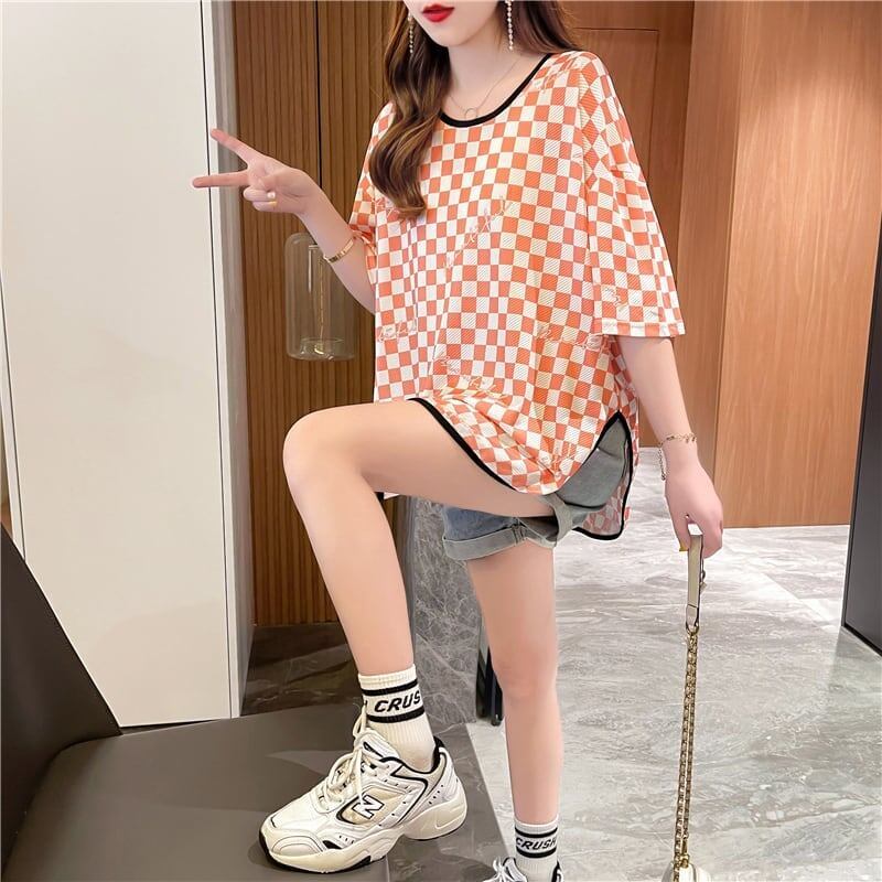 好感度満載 ラウンドネック 女性力を高める チェック柄 Tシャツ カットソー＜S-2985＞