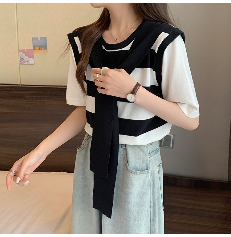 絶対欲しい レイヤード風 エレガント ストライプ柄 全3色半袖 Tシャツ＜S-8799＞
