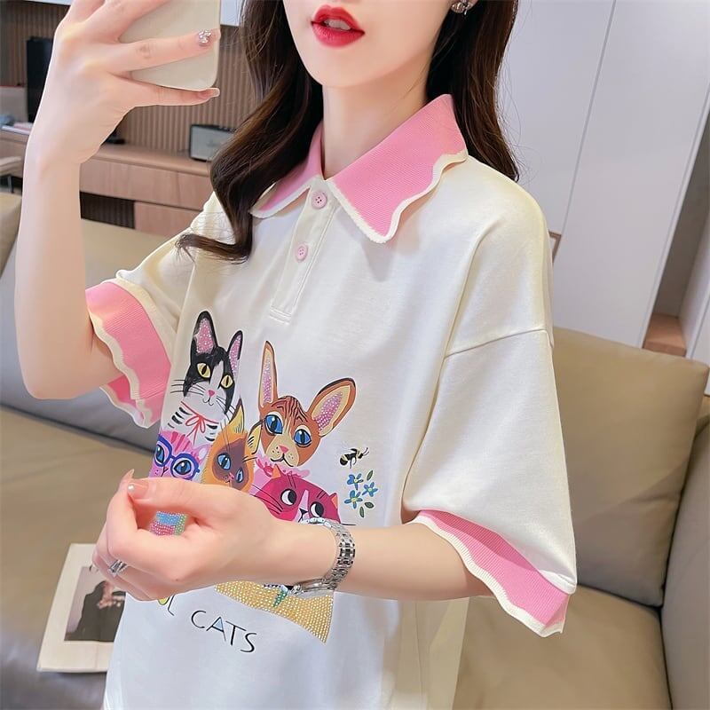 デザインセンスゆったりプリントトップラペルTシャツポロシャツ<S-2898>