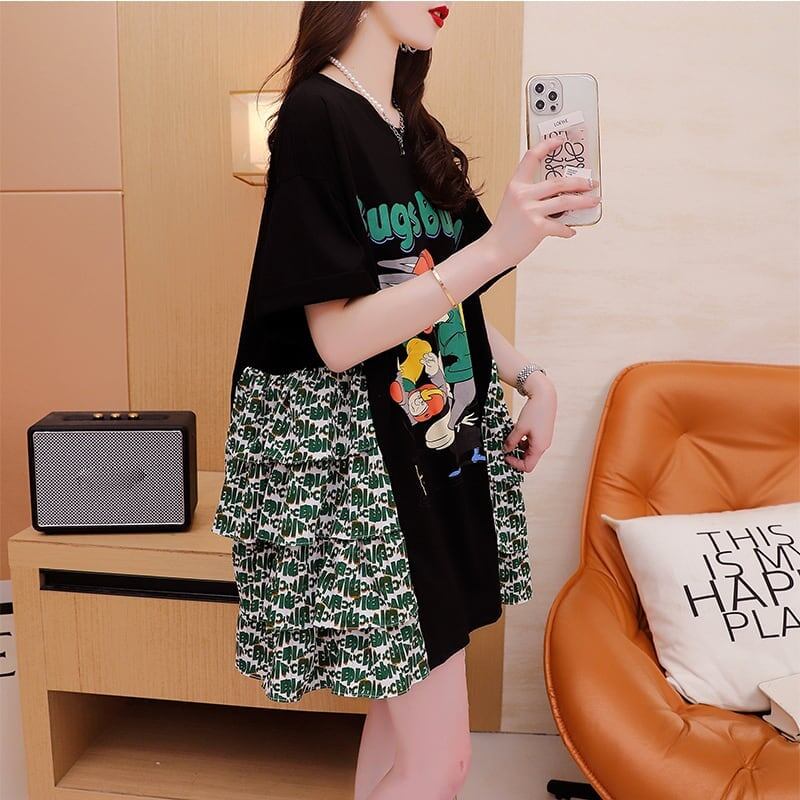 デザイン感 プリント チャーミング Tシャツ カットソー ワンピース＜S-3508＞