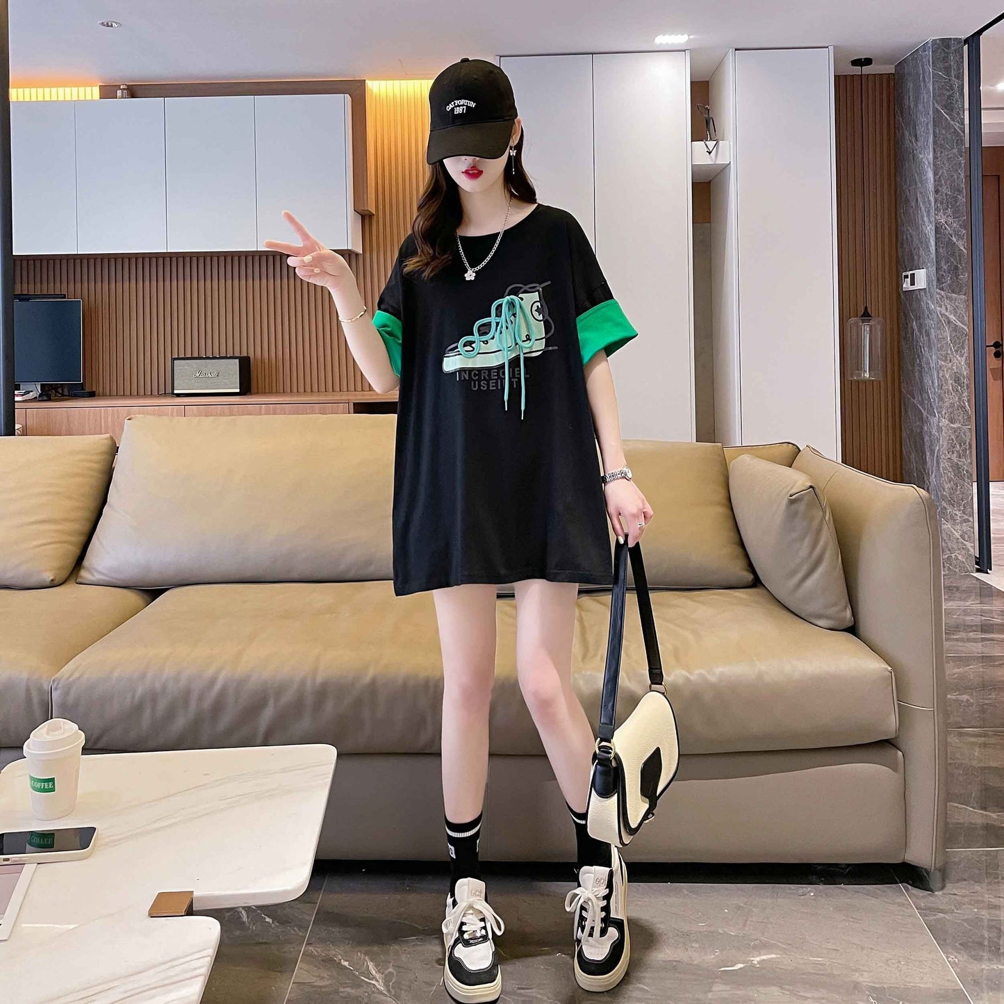 韓国系 プリント ラウンドネック ロング Tシャツ ゆったり半袖 ＜S-2988＞