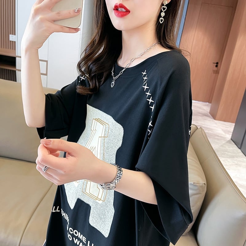超人気商品 ロング アルファベット プリントTシャツ 三色 ゆったり半袖 ＜S-4019＞