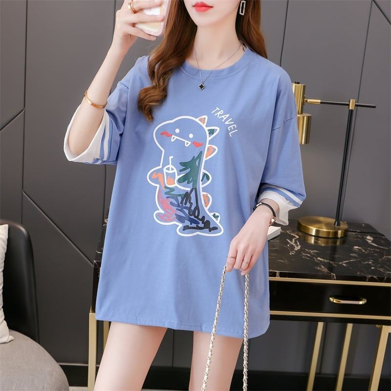 合わせやすい アルファベット ラウンドネック プリントTシャツ ゆったり ワンピース＜S-3992＞