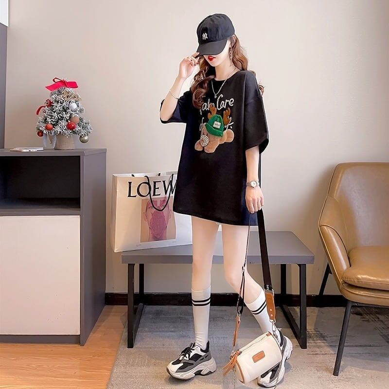 大活躍 ロング ビジューロゴ Tシャツ ゆったり 半袖 三色＜S-2922＞