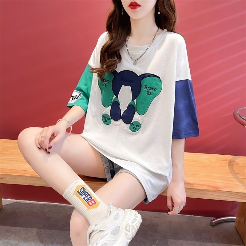 気質漫画カラーマッチング偽ツーピース半袖Tシャツ<S-2997>