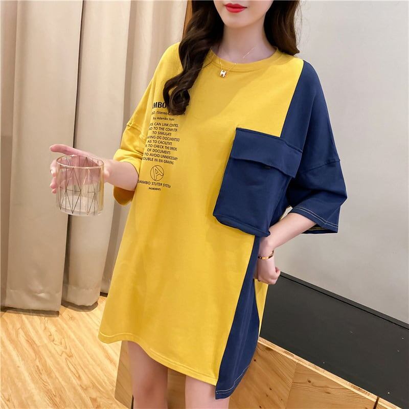 韓国系配色切り替えロングゆったり三色半袖Tシャツ＜S-1625＞