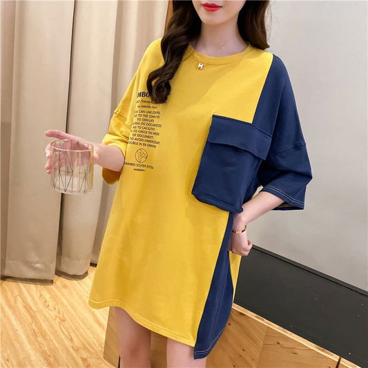 韓国系配色切り替えロングゆったり三色半袖Tシャツ＜S-1625＞