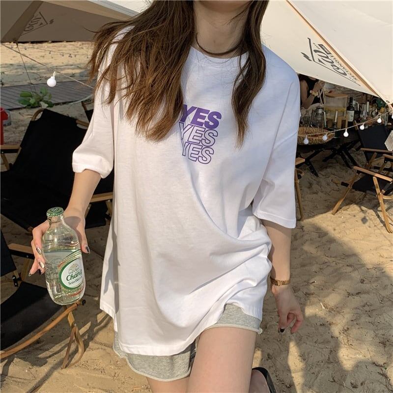 着心地良い プリント アルファベット ロング Tシャツ ゆったり半袖 ＜S-2851＞