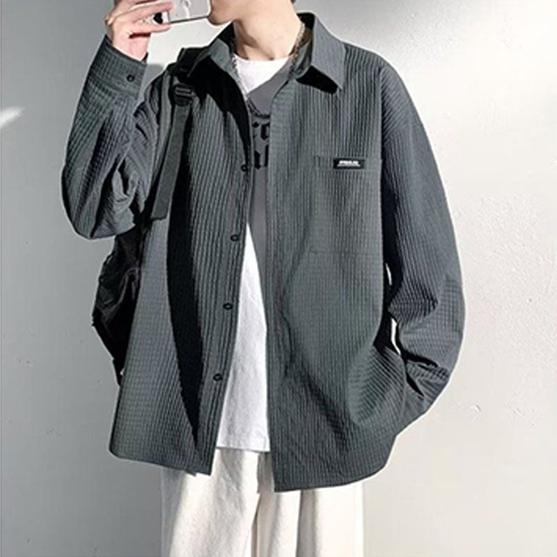 【クリーンカジュアル】ルーズ ワッフル 男女兼用 着痩せ シャツ<S-13112>