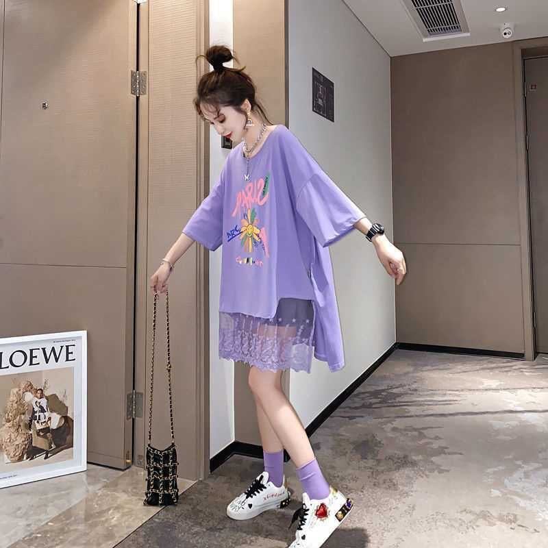 スウィート 花柄 レース アルファベット プリント ロングTシャツ ゆったり半袖＜S-2952＞