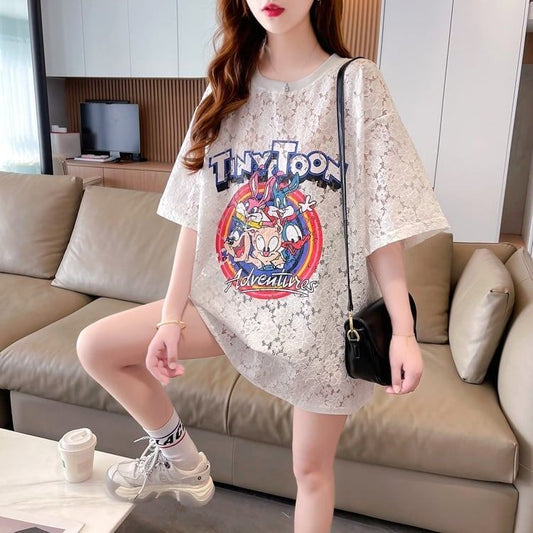 ハイエンドデザインセンスレース中空ルーズミドル丈半袖Tシャツ<S-3035>