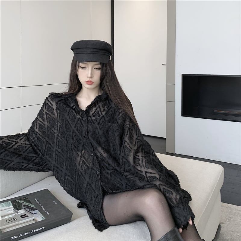 オシャレ度満点 POLOネック 好感度満載 透かし彫り シャツ ブラウス トップス＜S-2776＞