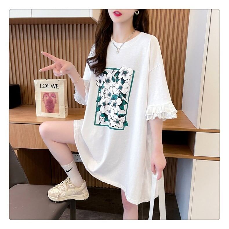 優しい雰囲気 プリント フリル切り替え ロングTシャツ ゆったり半袖＜S-2891＞