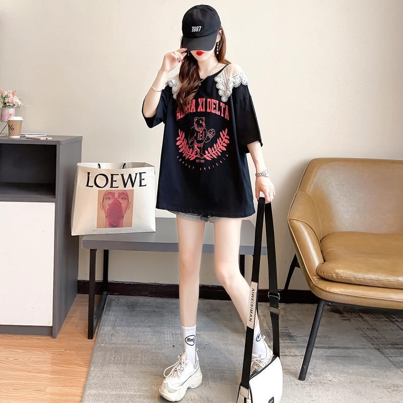 数量限定 ラウンドネック アバンギャルド レース 切り替え プリント全2色 半袖Tシャツ<S-8724>