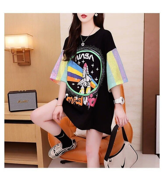 大好評 プリントTシャツ スパンコール切り替え ゆったり半袖＜S-2890＞