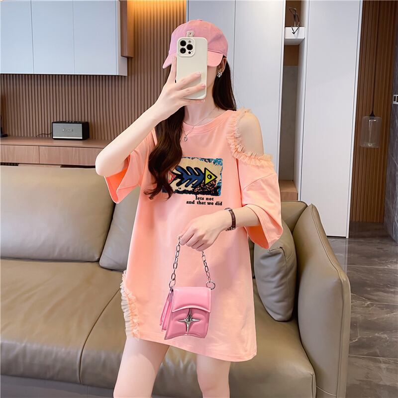 おしゃれ度高め レース 美人度アップ 切り替え プリント全4色 Tシャツ カットソー＜S-9213＞