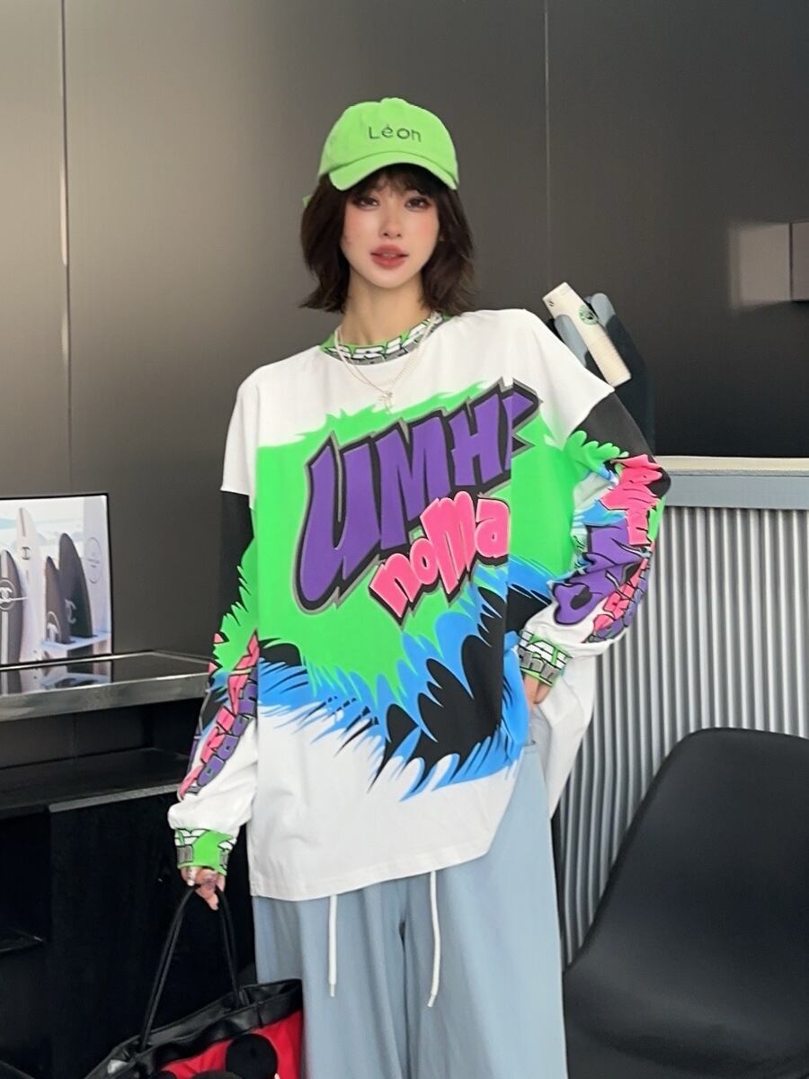 着回し力抜群 アバンギャルド 個性的なデザイン プリント全2色 Tシャツ<S-9225>