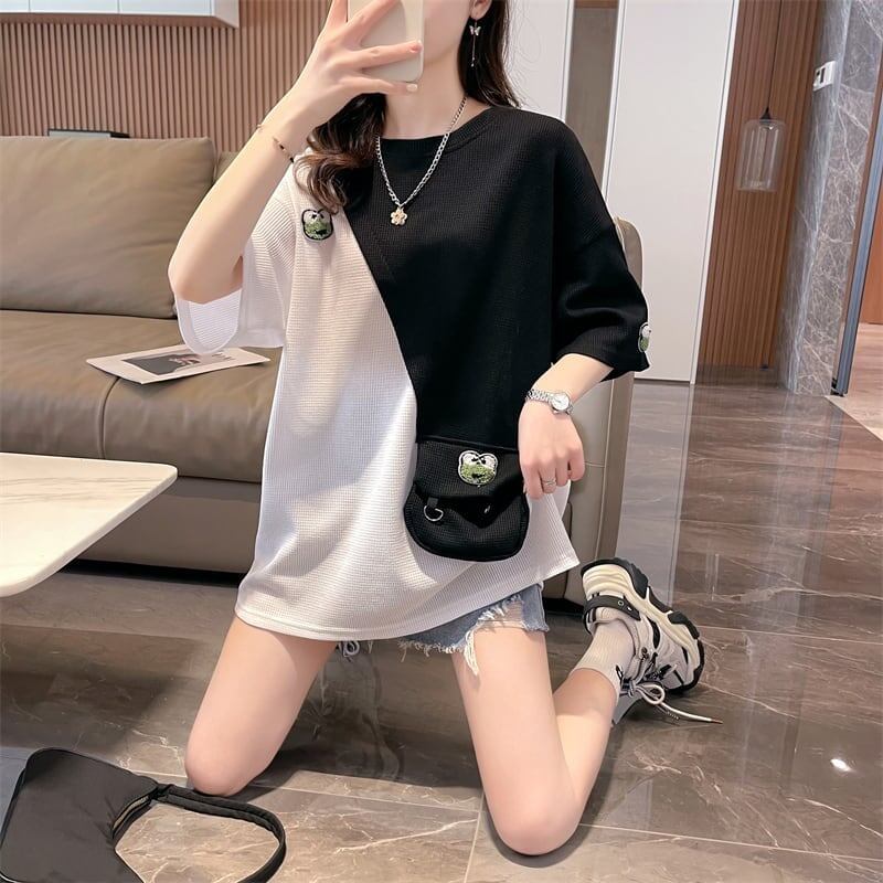 合わせやすい ワッフルTシャツ 切り替え かえるくん ゆったり半袖＜S-2992＞
