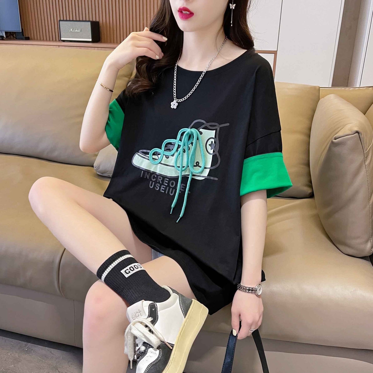 韓国系 プリント ラウンドネック ロング Tシャツ ゆったり半袖 ＜S-2988＞