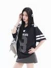 通気メッシュ 袖2本ライン Vネック Tシャツ S-80004