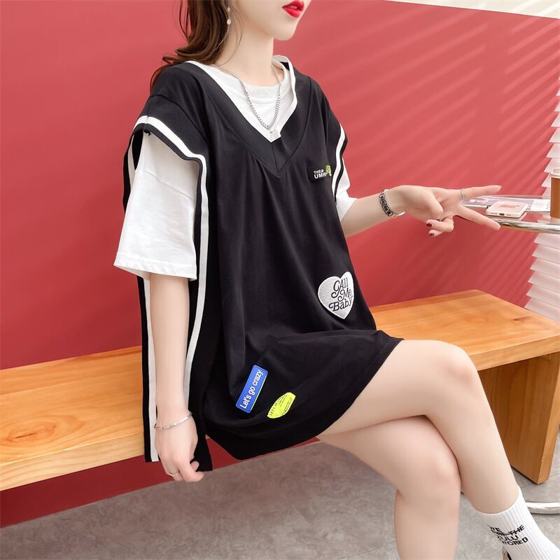 おすすめ アバンギャル 大活躍 ドレイヤード風 切り替え 全2色 半袖Tシャツ<S-8752>