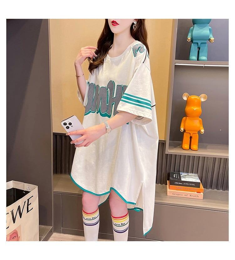 おしゃれ度アップ アルファベット フィッシュテール プリントTシャツ ゆったり半袖＜S-3012＞