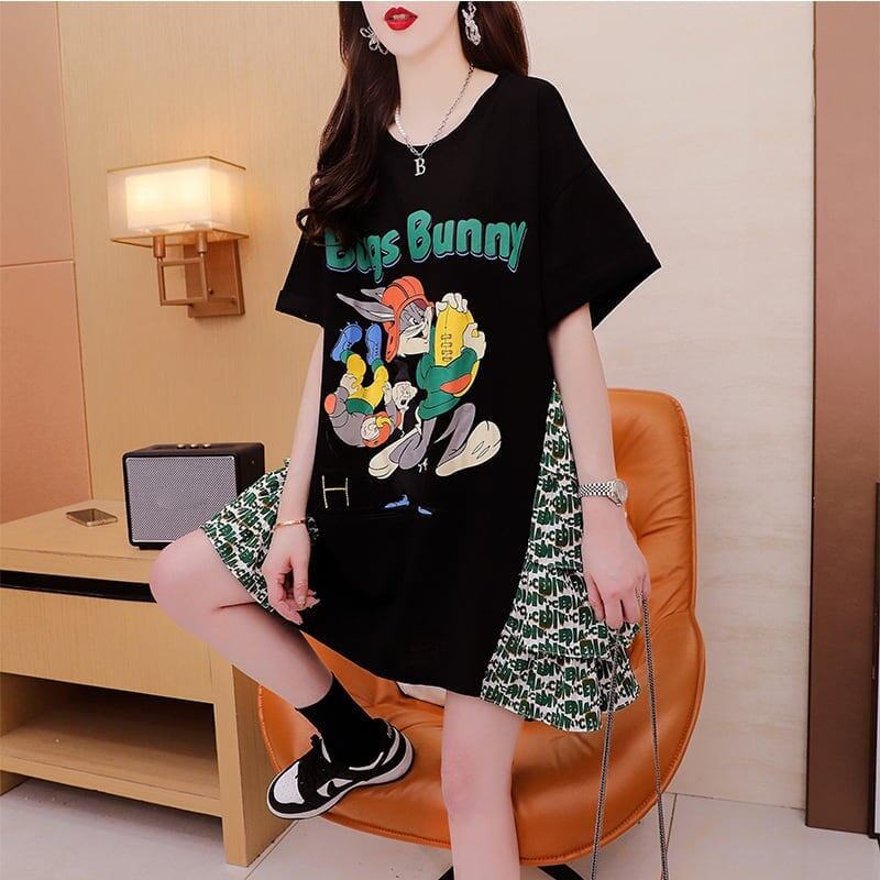 デザイン感 プリント チャーミング Tシャツ カットソー ワンピース＜S-3508＞