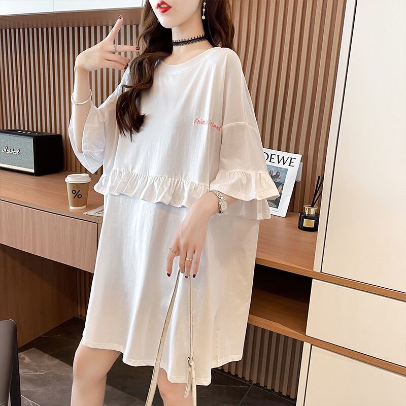 【半額！期間限定！！】合わせやすい 切り替え フリル プリント Tシャツ ゆったりワンピース＜S-3008＞