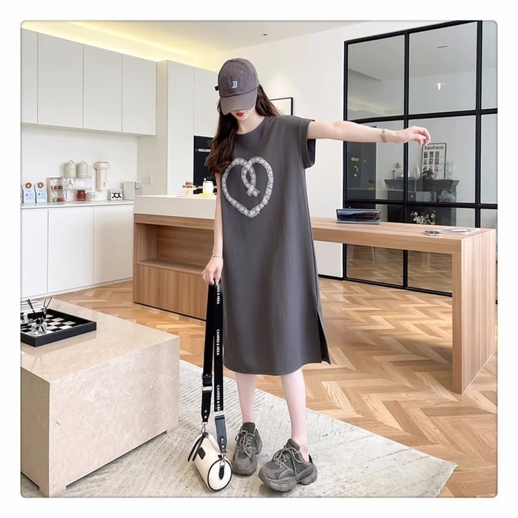 韓国系 ロング ハートマーク Tシャツ 半袖 ＜S-2837＞