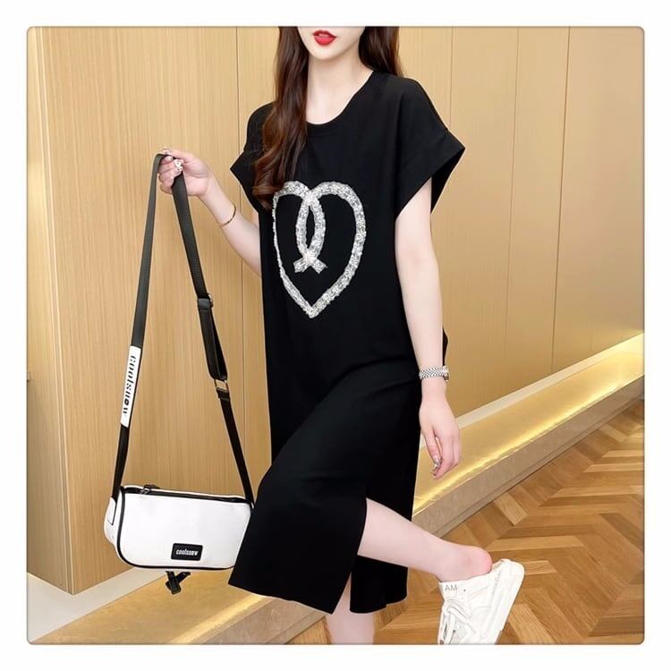 韓国系 ロング ハートマーク Tシャツ 半袖 ＜S-2837＞