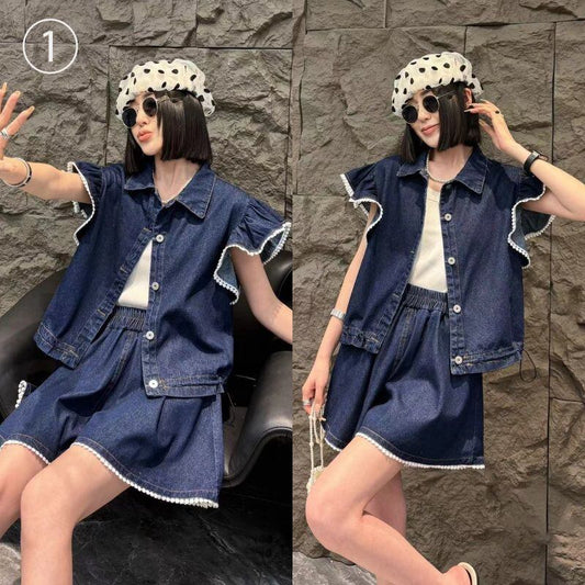 大好評 ファッション 売り切れ必至 2色選択 デニム 半袖 Tシャツ+ 短いスカート セットアップ ＜S-8992＞