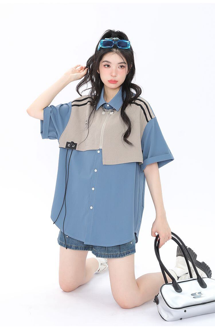期間限定 ファッション 個性派 レイヤード風 切り替え プリント全3色 男女兼用 半袖Tシャツ<S-9044>
