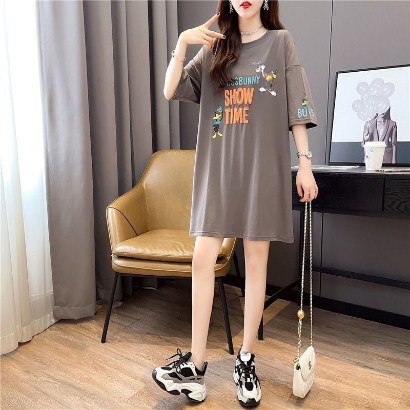 おすすめ アルファベット ラウンドネック プリントTシャツ ゆったり ワンピース＜S-3049＞