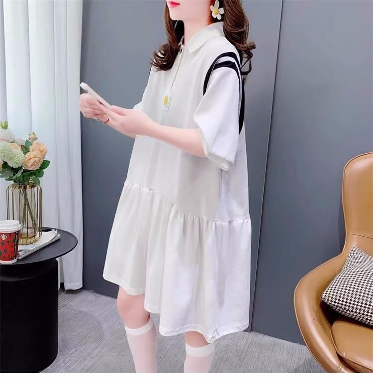 女子力アップ POLOネック 韓国系 ロング Tシャツ 二色 ゆったりワンピース ＜S-2937＞