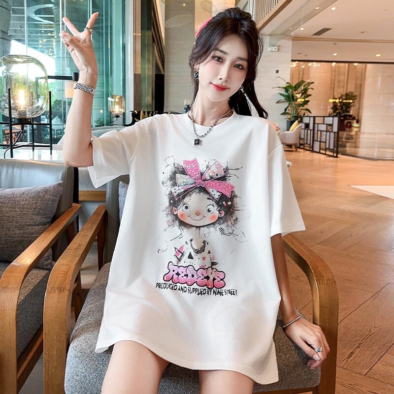 好感度UP ピンク カジュアル プリント スパンコール プリント ゆったり 半袖 Tシャツ＜S-8705＞