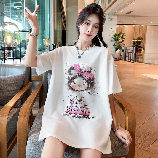 好感度UP ピンク カジュアル プリント スパンコール プリント ゆったり 半袖 Tシャツ＜S-8705＞