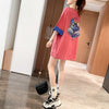 韓国系 ドロップショルダープリント ラウンドネック ロング Tシャツ 三色 ゆったり半袖＜S-3011＞