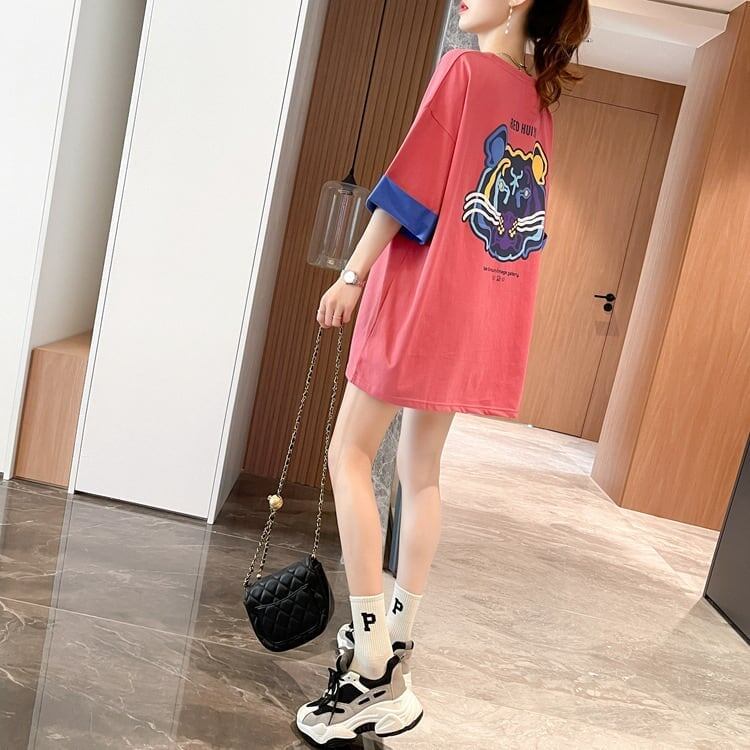 韓国系 ドロップショルダープリント ラウンドネック ロング Tシャツ 三色 ゆったり半袖＜S-3011＞