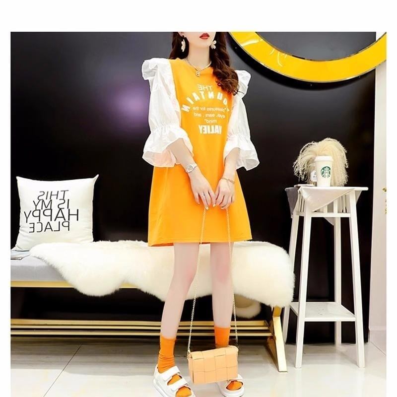 女子力アップ アルファベット パフスリーブ プリント ロングTシャツ ゆったりワンピース ＜S-3054＞