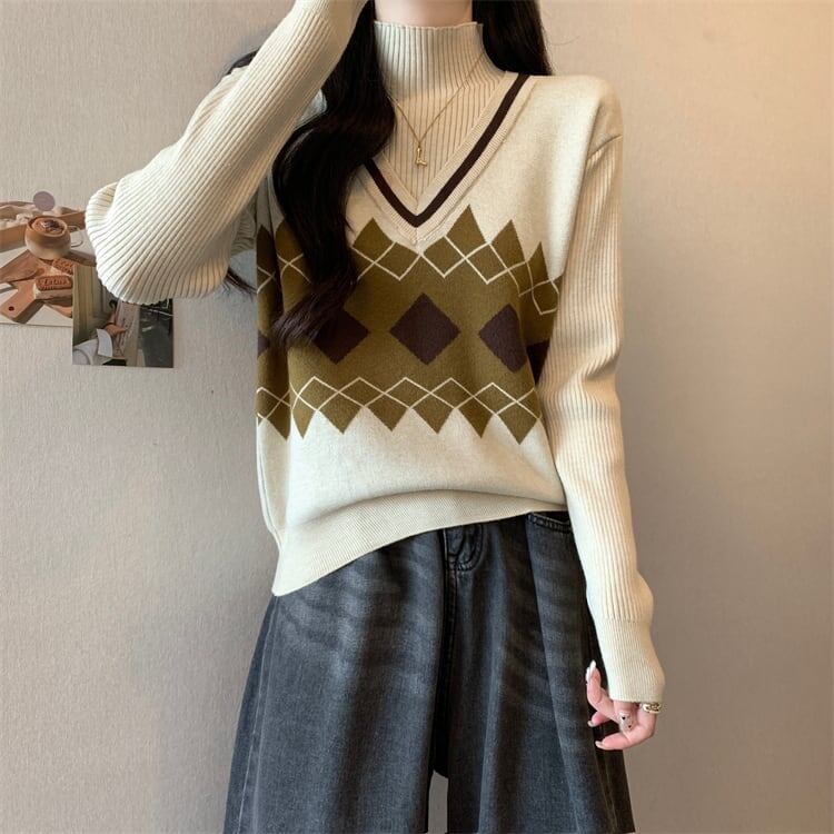 人気上昇中 レイヤード風 おしゃれ度高め 全2色 ニットトップス<S-9583>