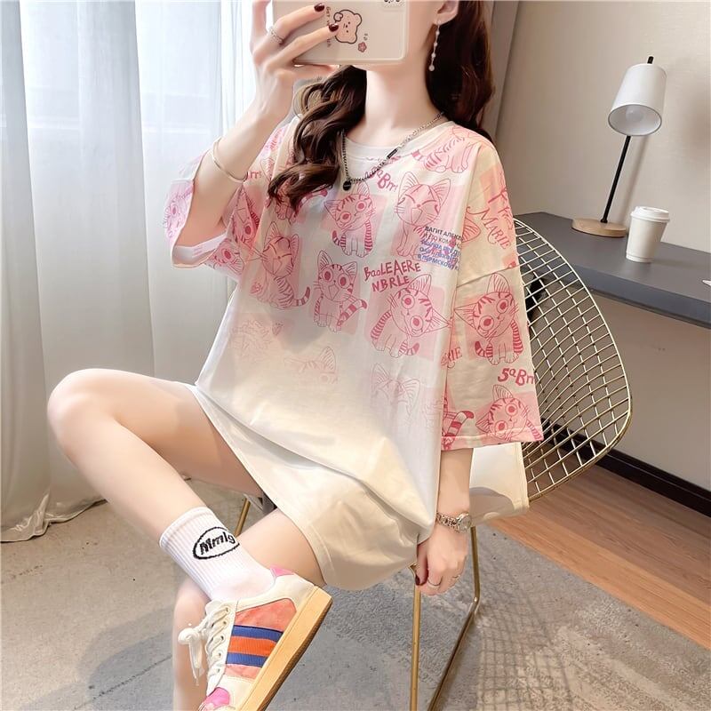 【半額！期間限定！！】大好評 プリント 猫柄 ロング Tシャツ 四色 ゆったりワンピース ＜S-4017＞