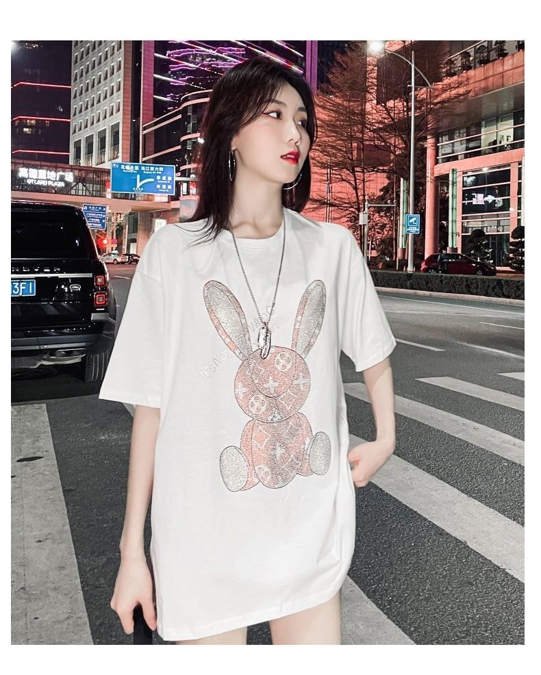 合わせやすい ビジュー ウサギ ロング Tシャツ ゆったり 半袖 ＜S-2887＞